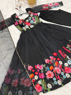 Organza Silk Printed Anarkali Set – Black