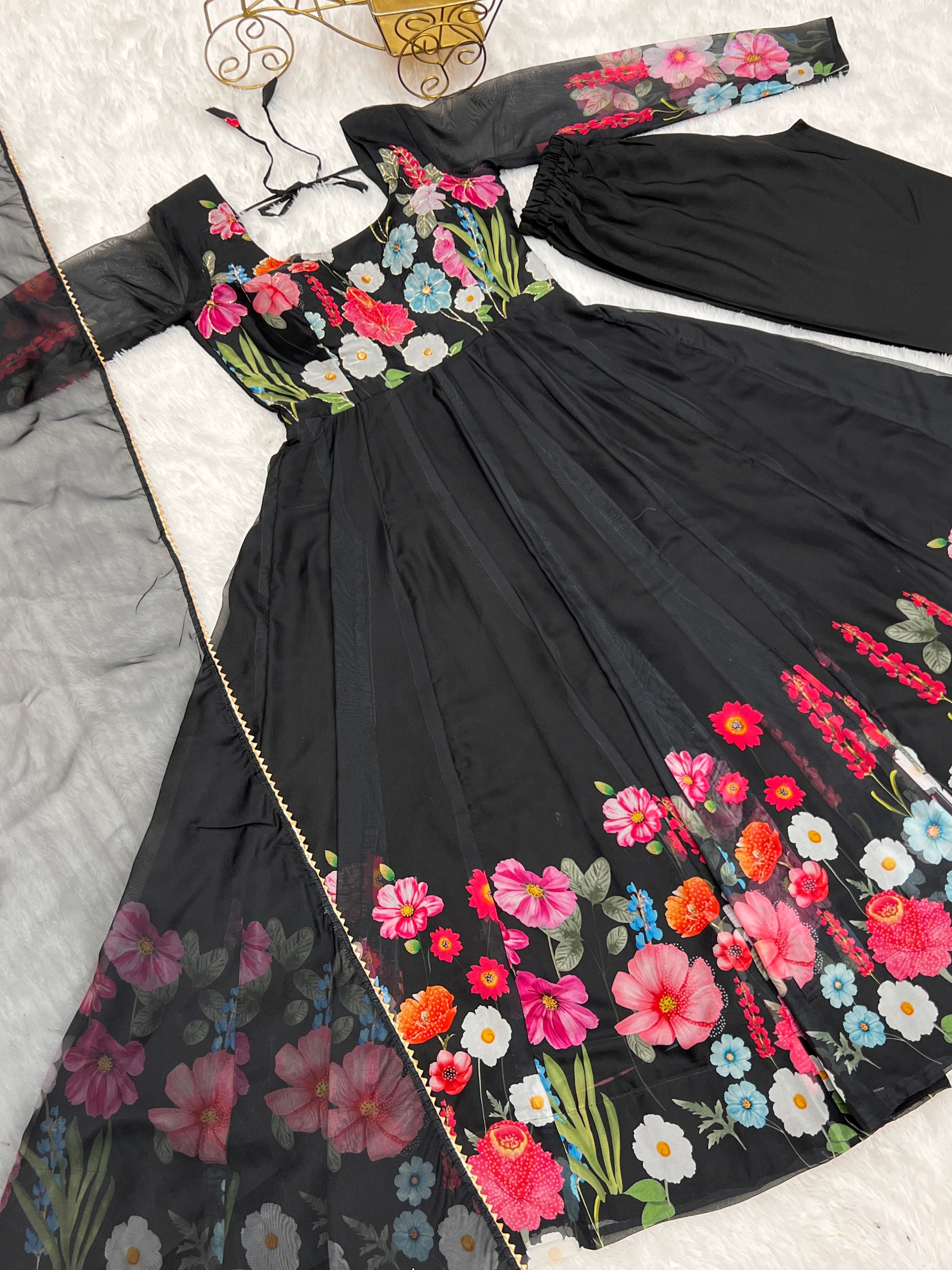 Organza Silk Printed Anarkali Set – Black