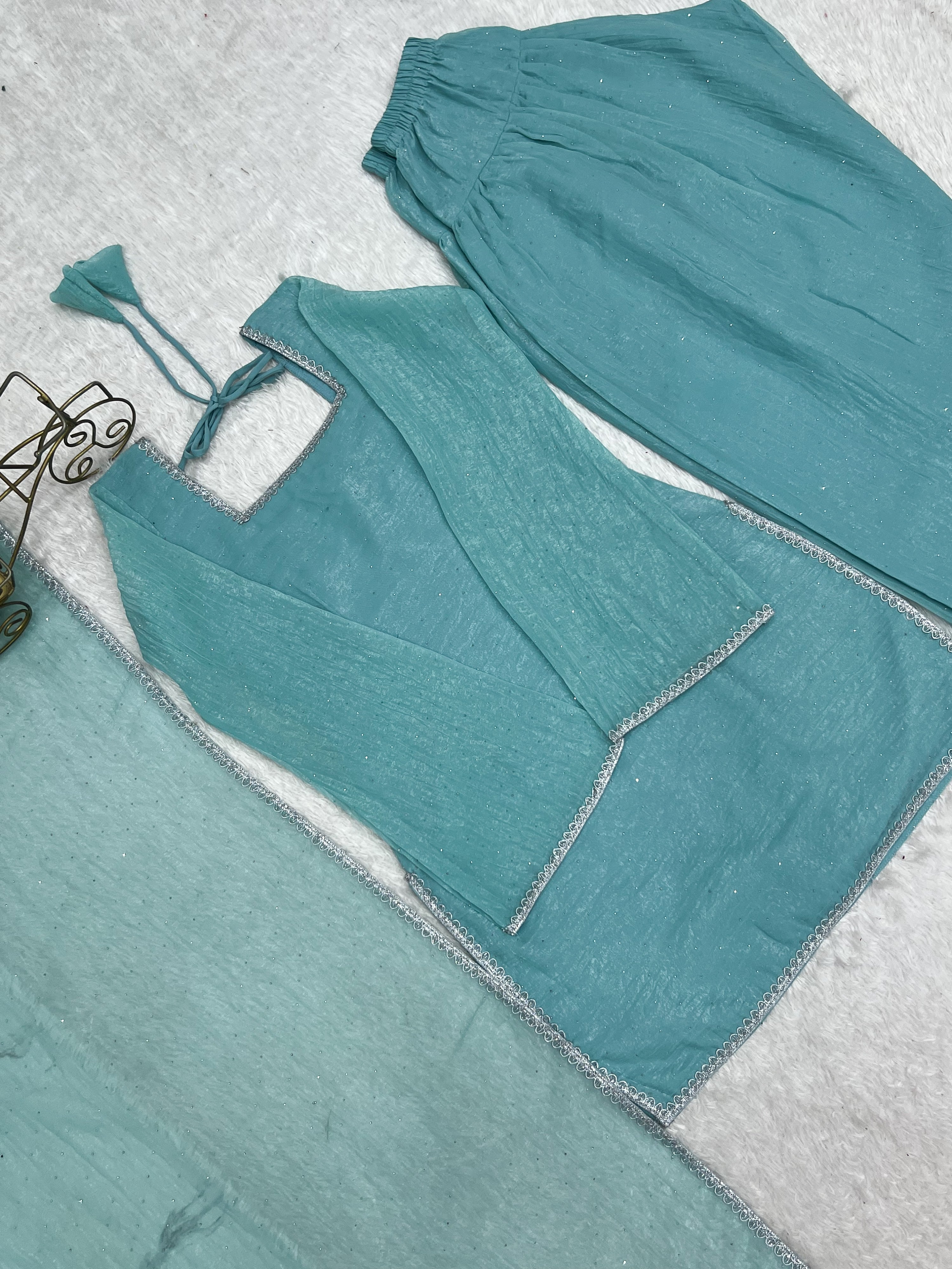 Crunchy Silk Embroidered Farshi Salwar Set – Sky