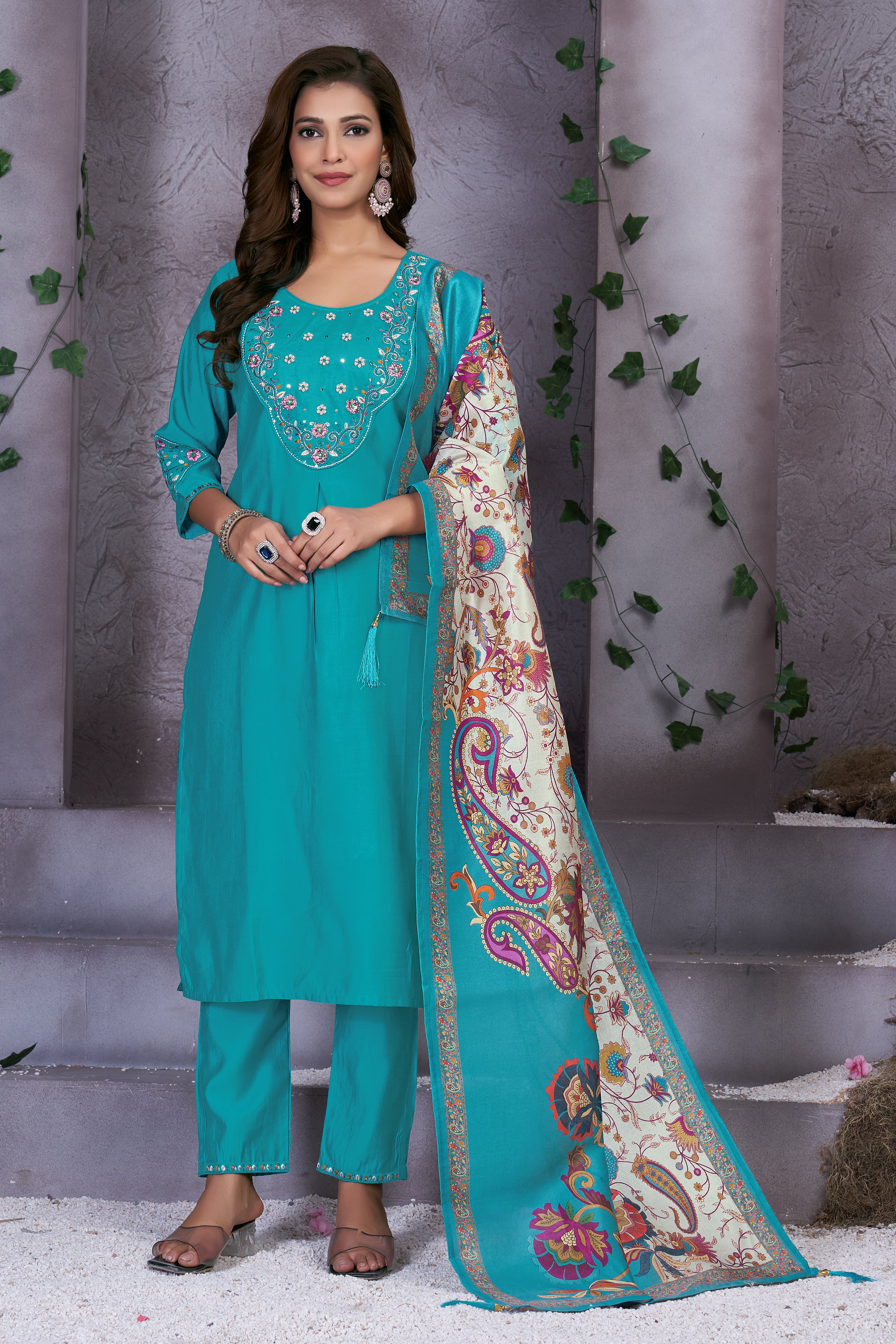 Premium Marina Silk Embroidered Straight Kurti Set – See Green