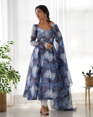 Organza Silk Printed Anarkali Set – Navy Blue