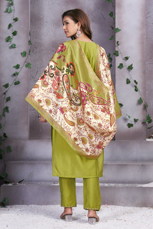 Premium Marina Silk Embroidered Straight Kurti Set – Parrot Green