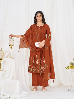 Pure Cotton Embroidered Anarkali Kurti Set – Rust