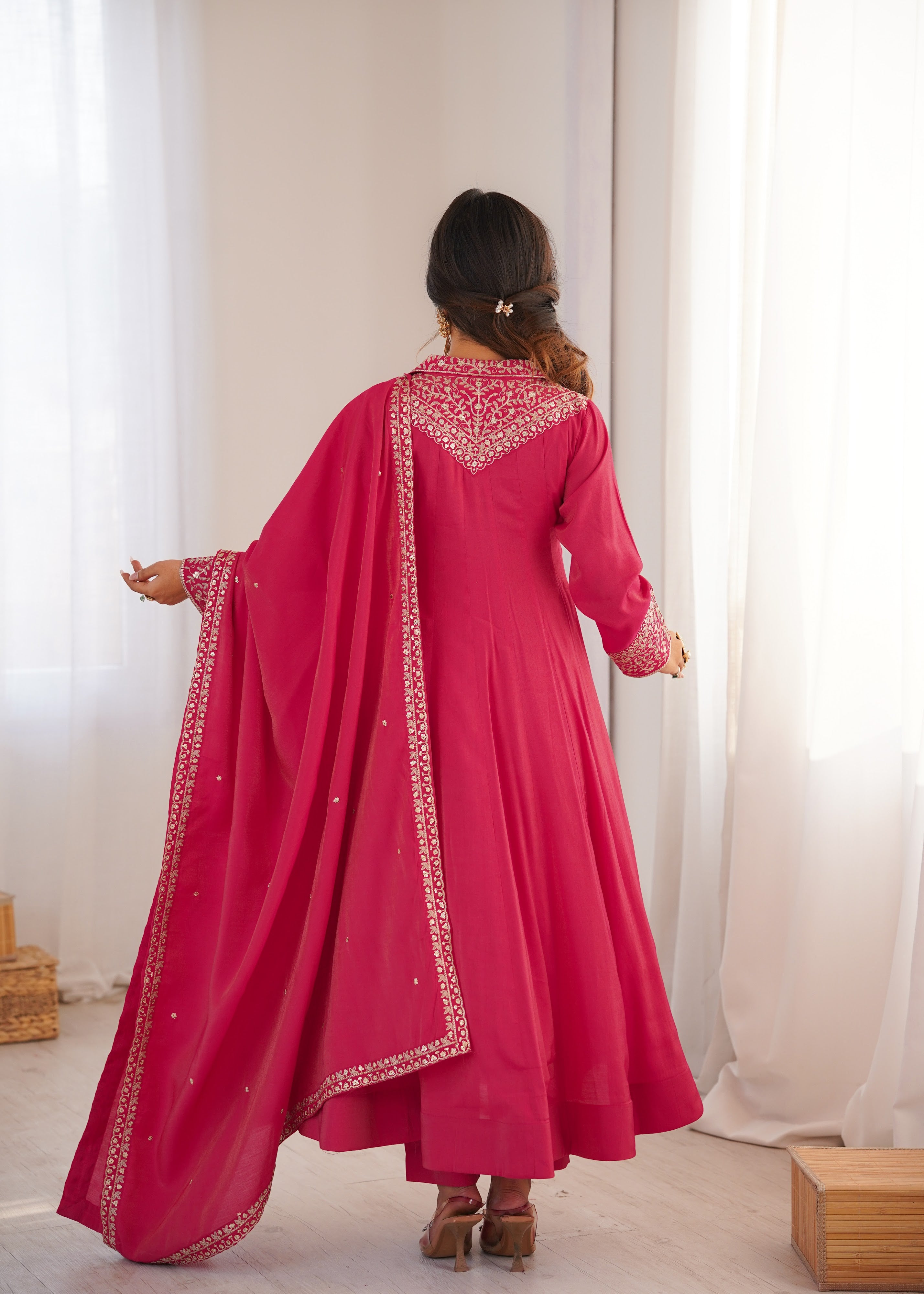 Roman Shimmer Silk Embroidered Anarkali Set – Rani Pink