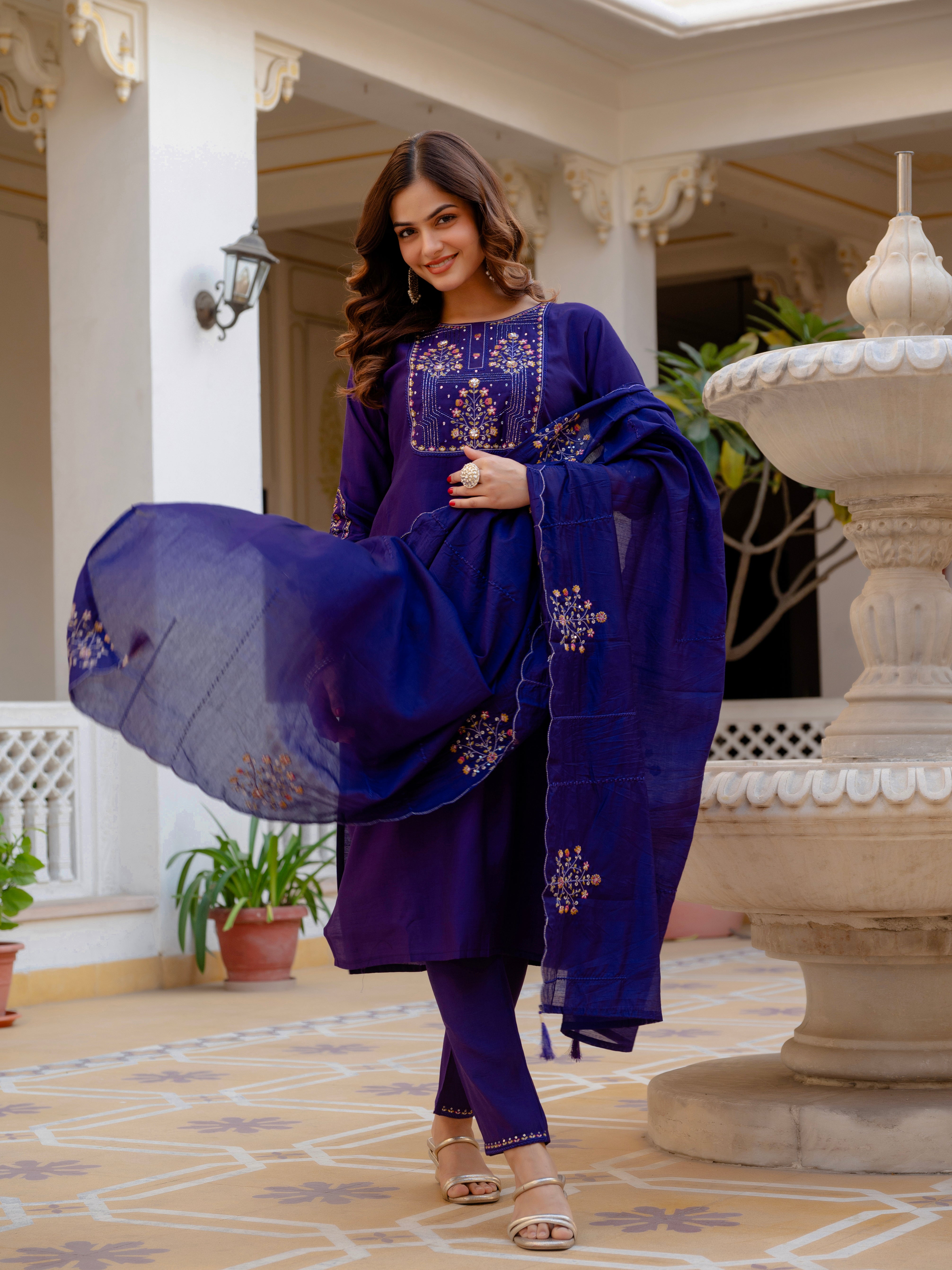 Pure Viscose Mango Silk Embroidered Straight Kurti Set – Violet