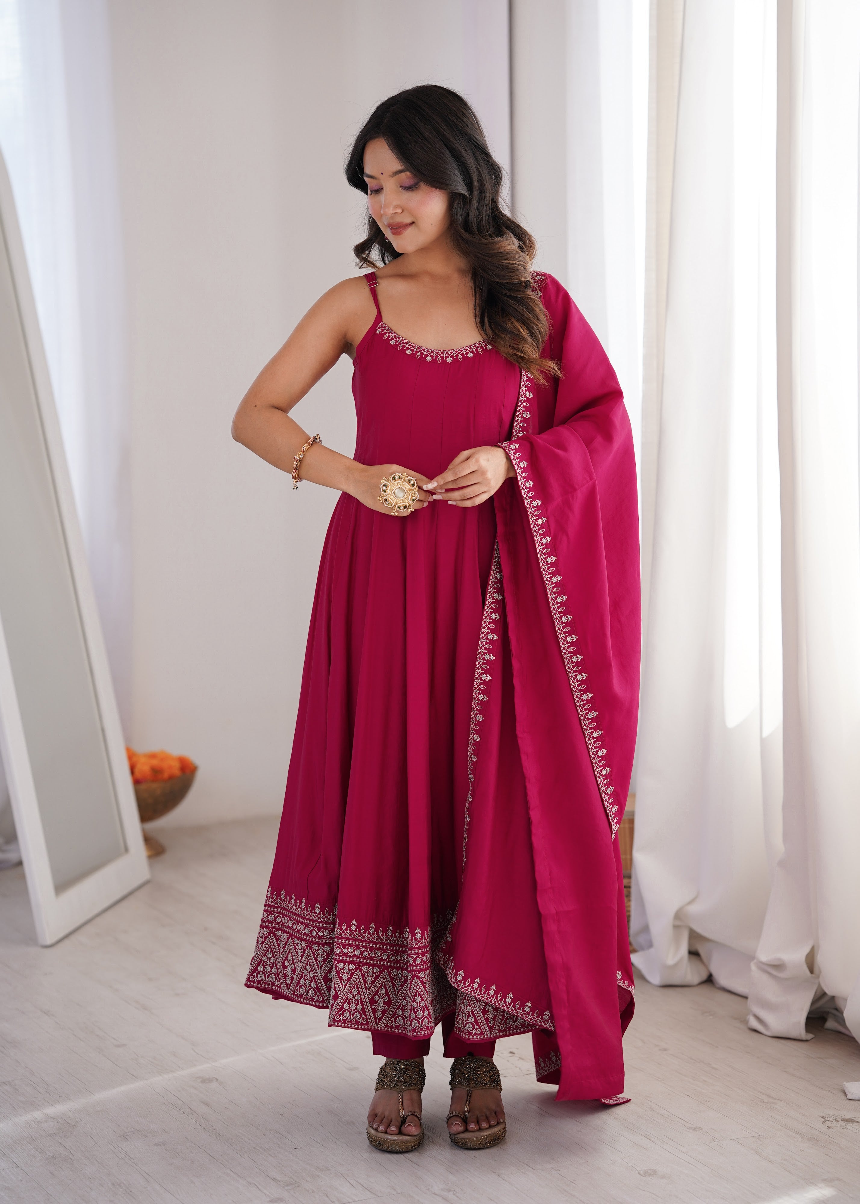 Roman Chanderi Silk Embroidered Anarkali Set – Rani Pink