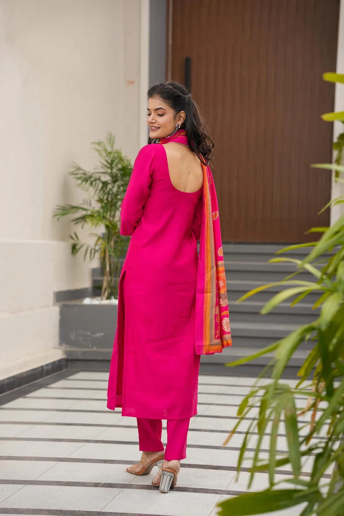 French Crepe Printed Kurta Pant Dupatta Set – Rani Pink
