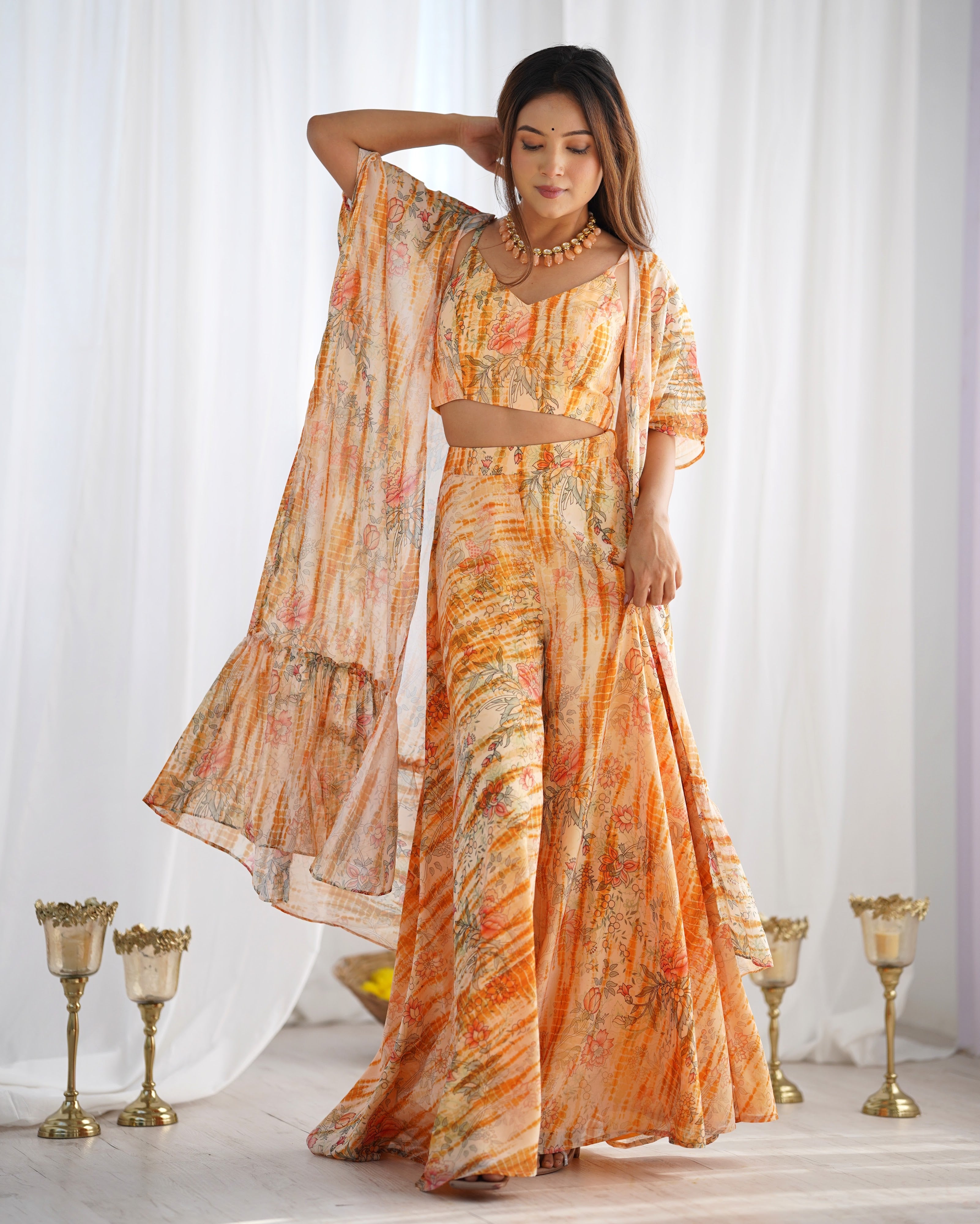 Georgette Printed Kurta-Palazzo Set – Peach Floral