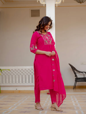 Pure Viscose Mango Silk Embroidered Straight Kurti Set – Pink