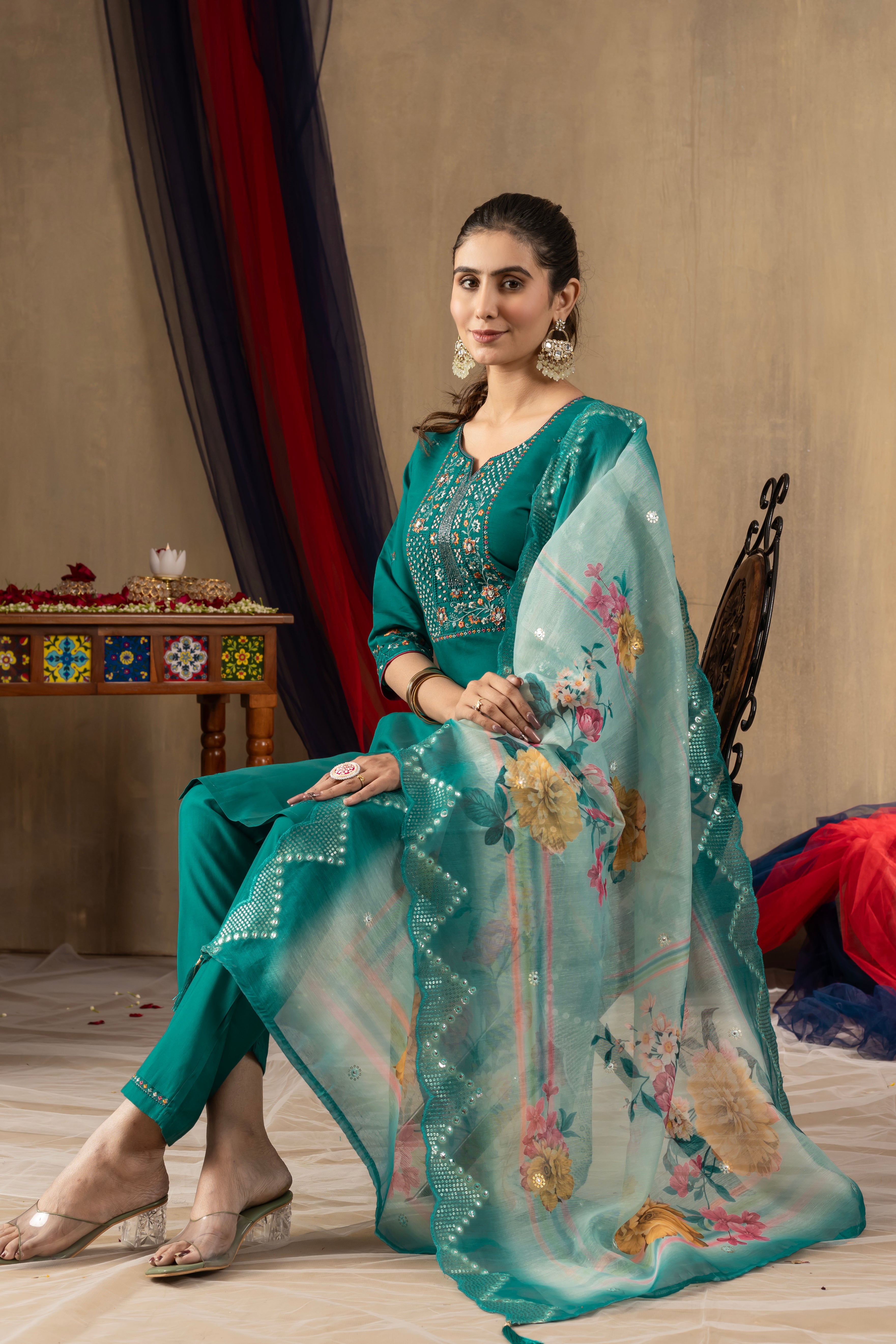 Roman Silk Embroidered Straight Kurti Set – Rama Green