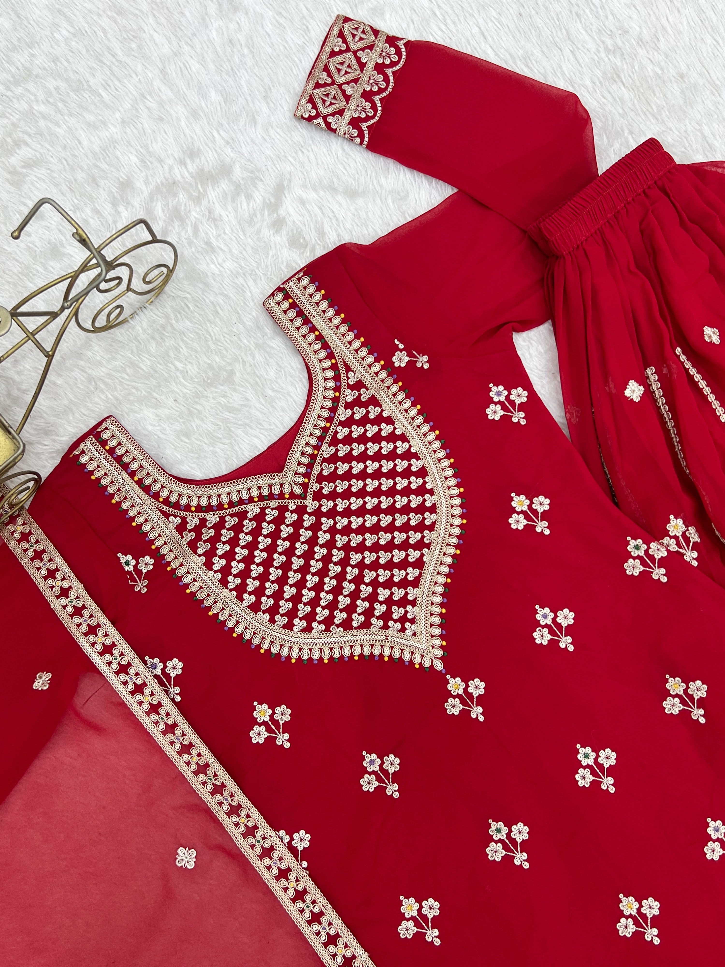 Georgette Embroidered Kurta-Sharara Set – Red