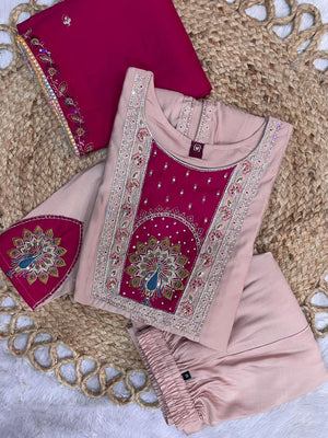 Roman Silk Embroidered Anarkali Kurti Set – Peach