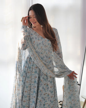 Heavy Orange Chiffon Floral Print Printed Anarkali Set – White Blue