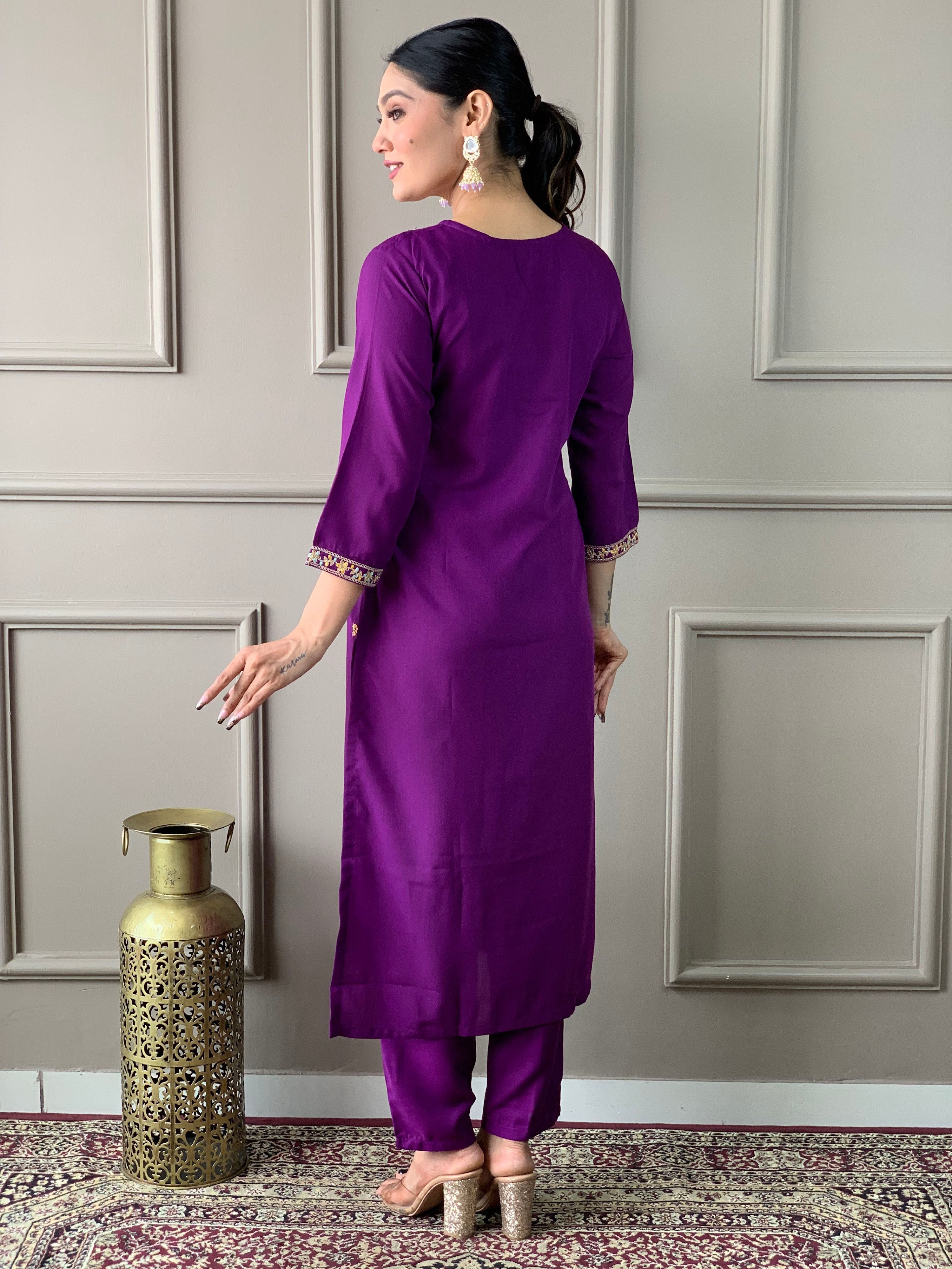 Rayon Slub Embroidered Kurta Pant Dupatta Set – Purple