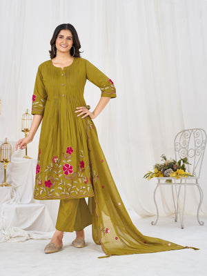 Pure Cotton Embroidered Anarkali Kurti Set – Mahendi