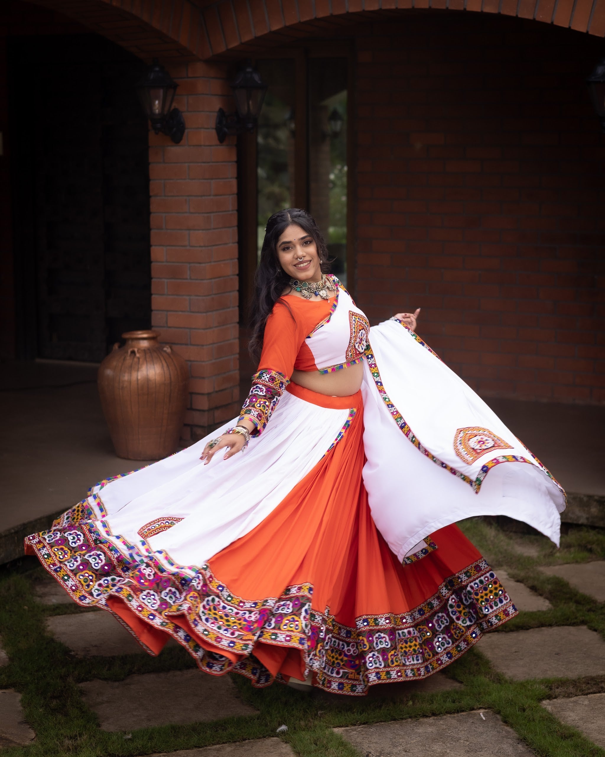 Navratri Orange White Arches Patch Work Lehenga Set