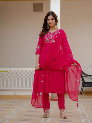 Pure Viscose Mango Silk Embroidered Straight Kurti Set – Pink