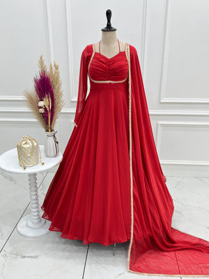 Georgette Embroidered Gown Set – Red
