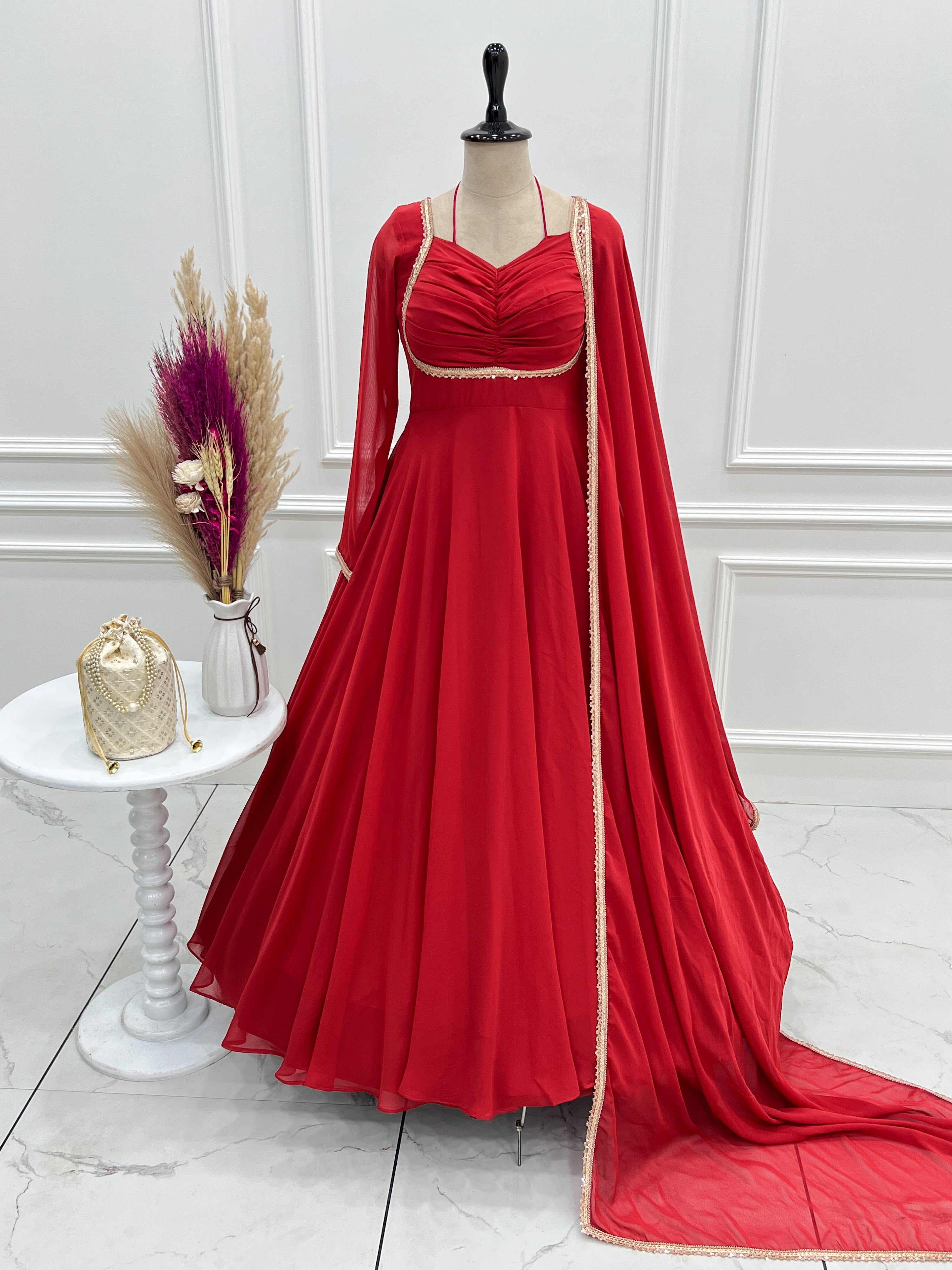 Georgette Embroidered Gown Set – Red