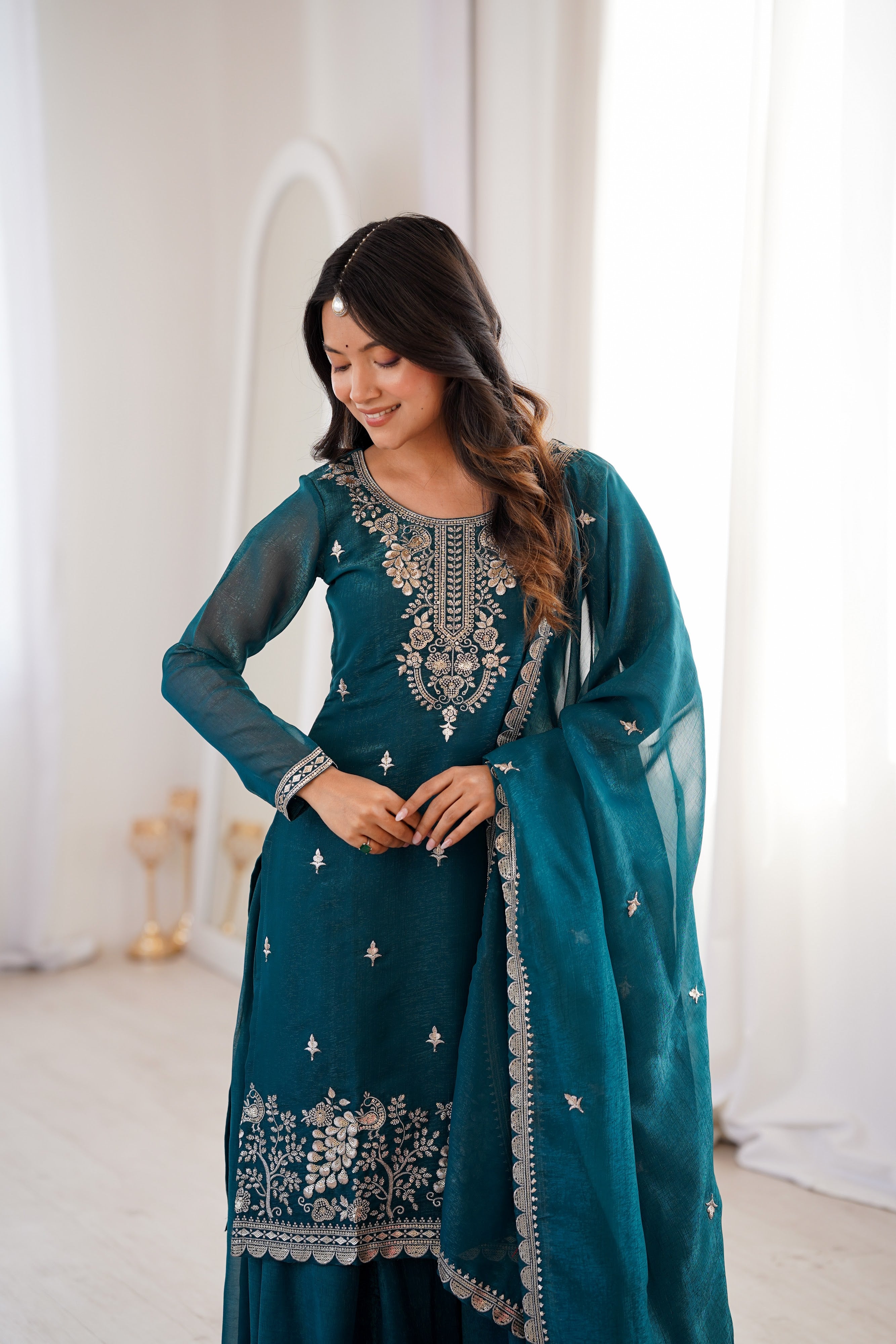 Crunchy Silk Embroidered Sharara Set – Teal Blue
