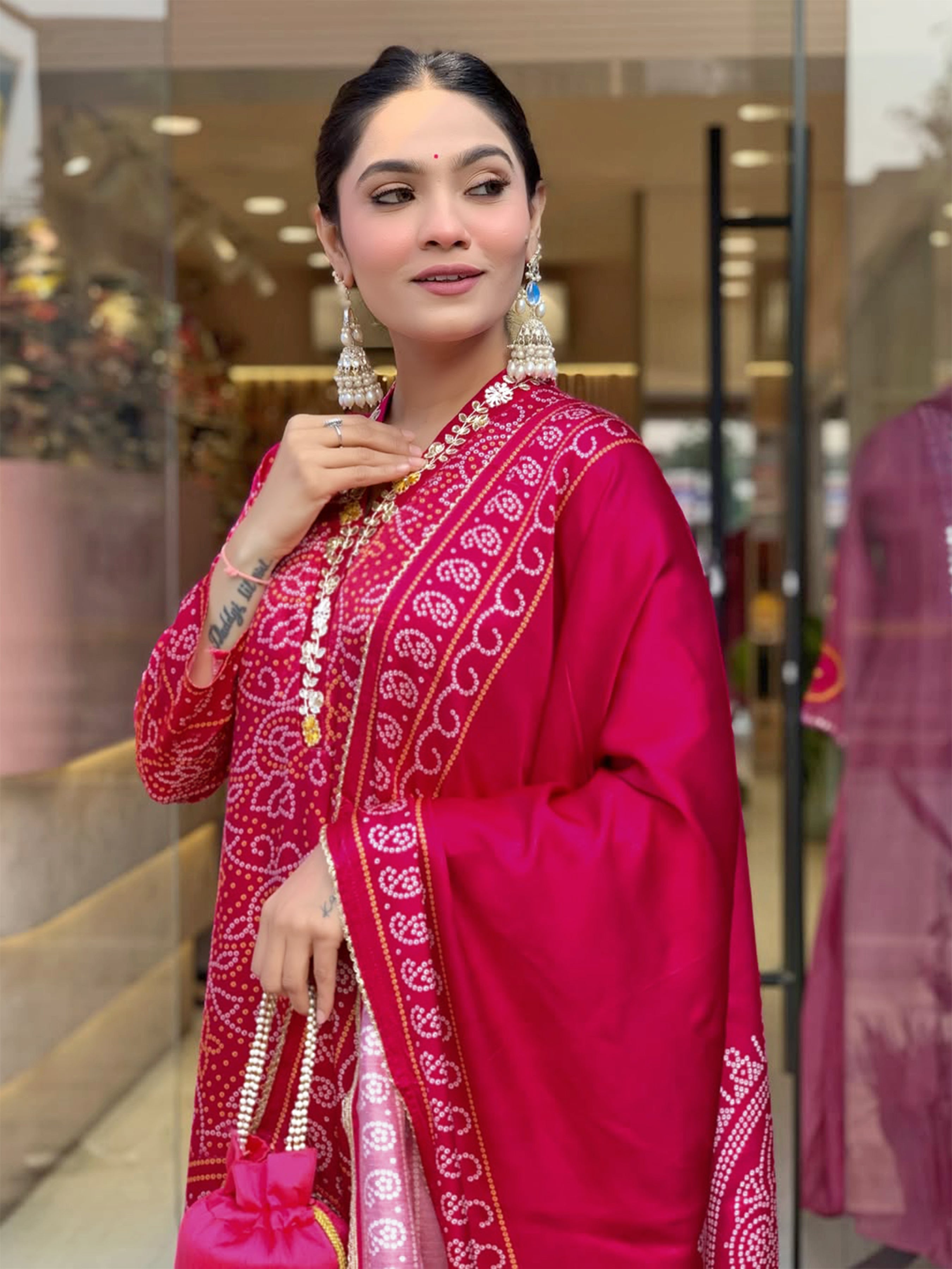 Viscose Silk Embroidered Kurta Pant Dupatta Set – Rani Pink