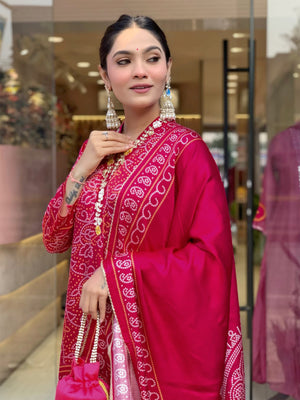 Viscose Silk Embroidered Kurta Pant Dupatta Set – Rani Pink