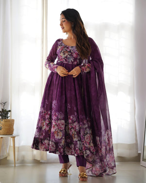 Organza Silk Printed Anarkali Set – Wine