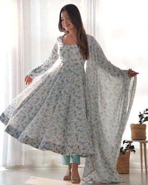 Heavy Orange Chiffon Floral Print Printed Anarkali Set – White Blue