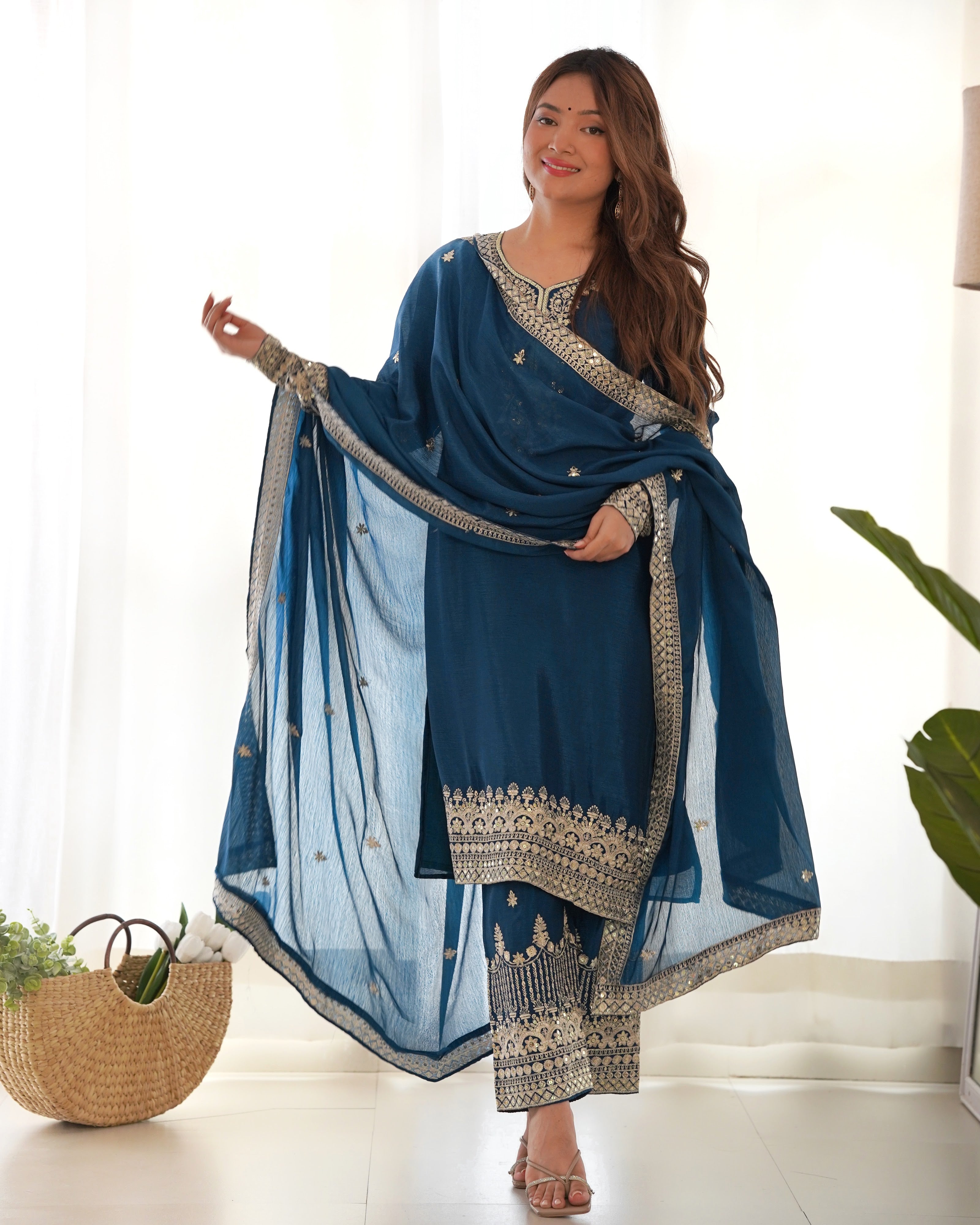 Chinon Silk Embroidered Straight Kurta Set – Navy Blue