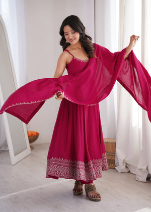 Roman Chanderi Silk Embroidered Anarkali Set – Rani Pink