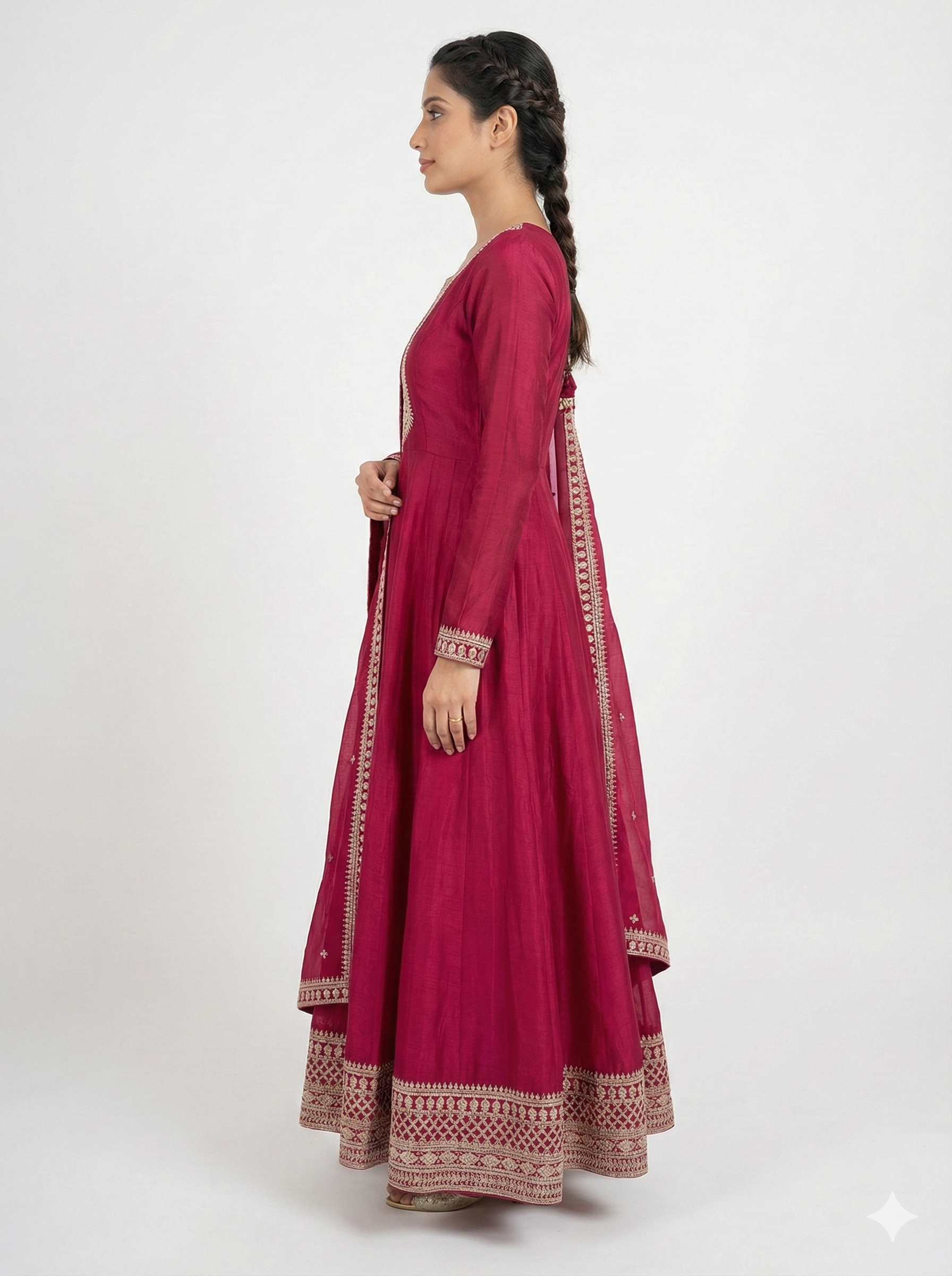 Vichitra Silk Embroidered Gown Set – Dark Pink