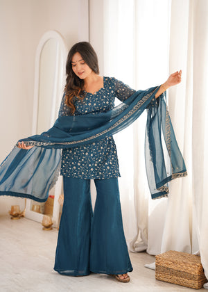 Crunchy Silk Embroidered Bell Bottom Set – Teal Blue