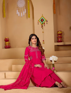 Viscose Mango Silk Embroidered Anarkali Kurti Set – Rani Pink