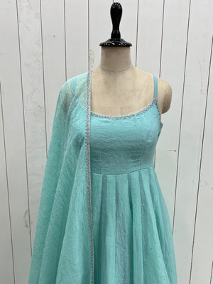Crunchy Silk Embroidered Anarkali Set – Aqua Blue