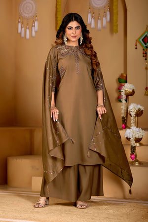 Viscose Mango Silk Embroidered Anarkali Kurti Set – Coffee