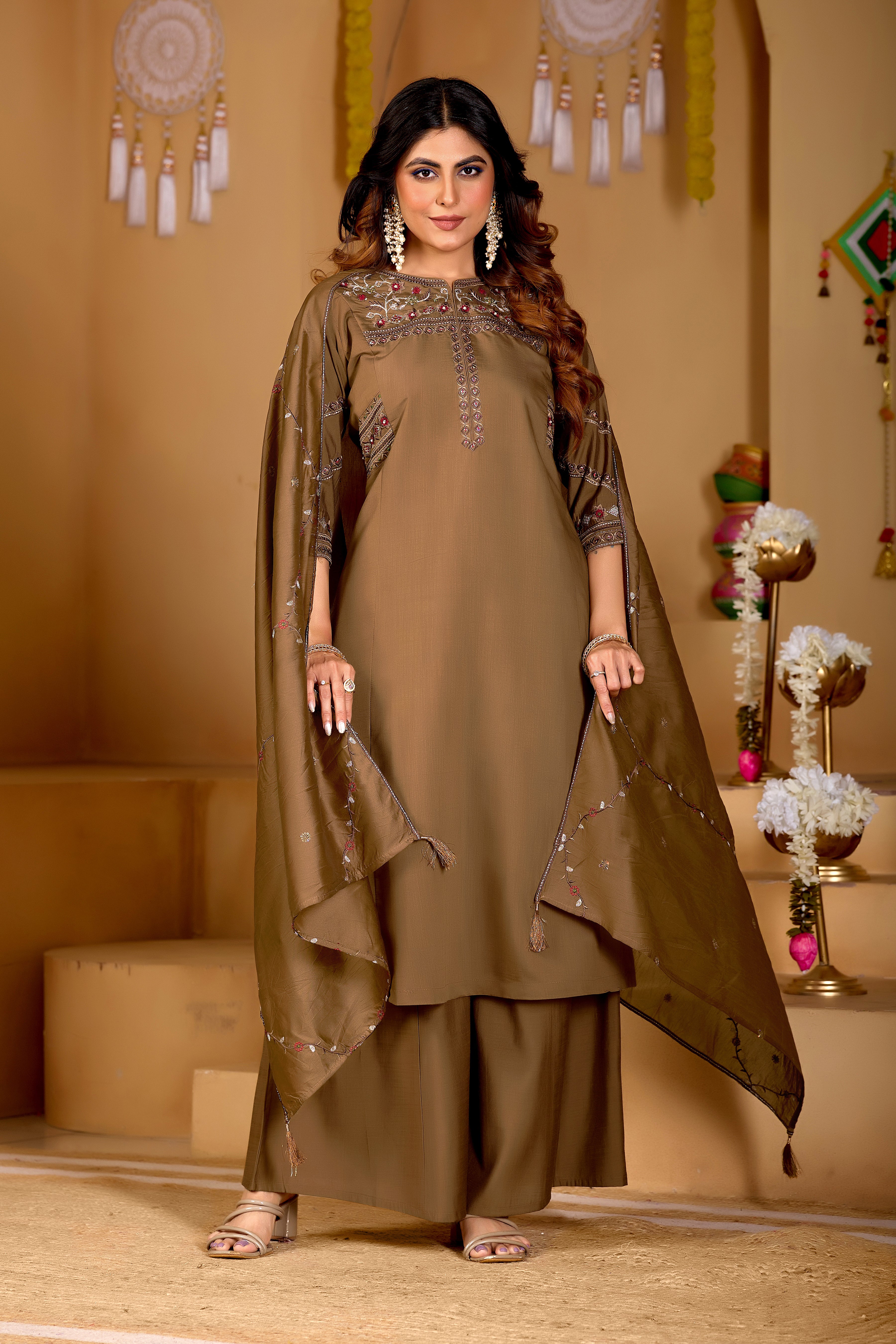 Viscose Mango Silk Embroidered Anarkali Kurti Set – Coffee