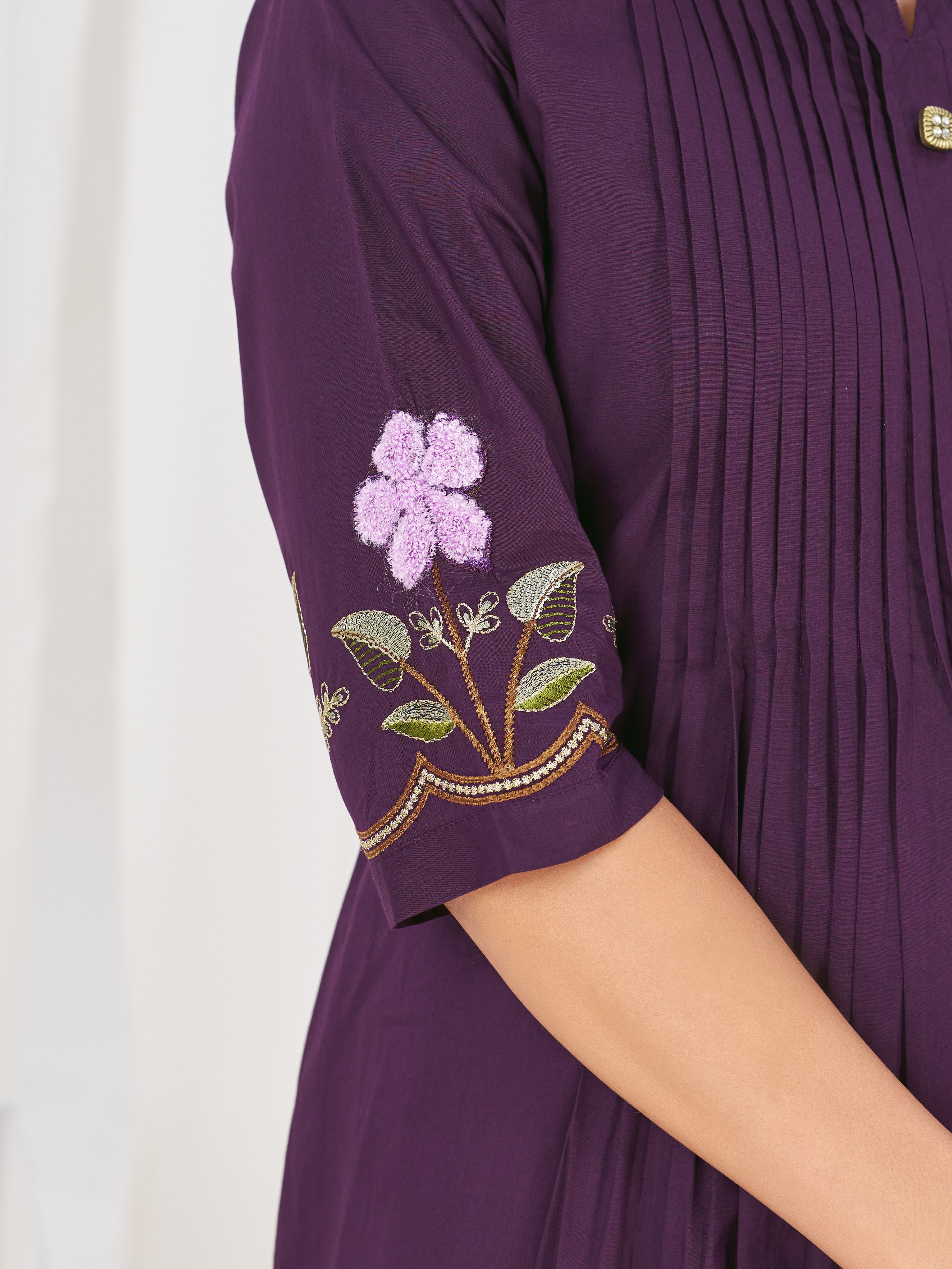 Pure Cotton Embroidered Anarkali Kurti Set – Purple