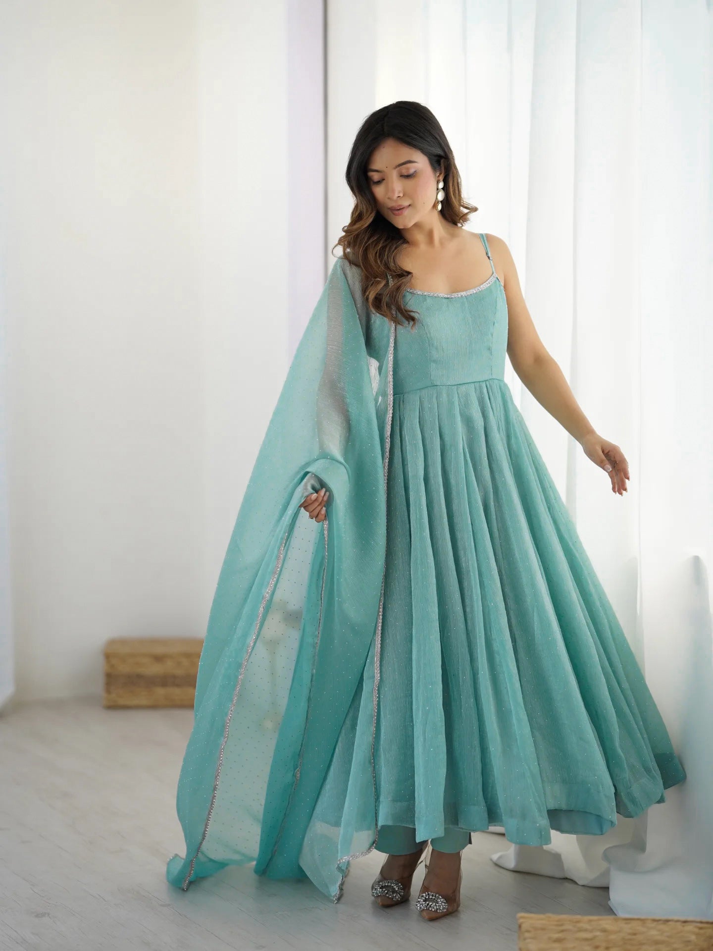Crunchy Silk Embroidered Anarkali Set – Aqua Blue
