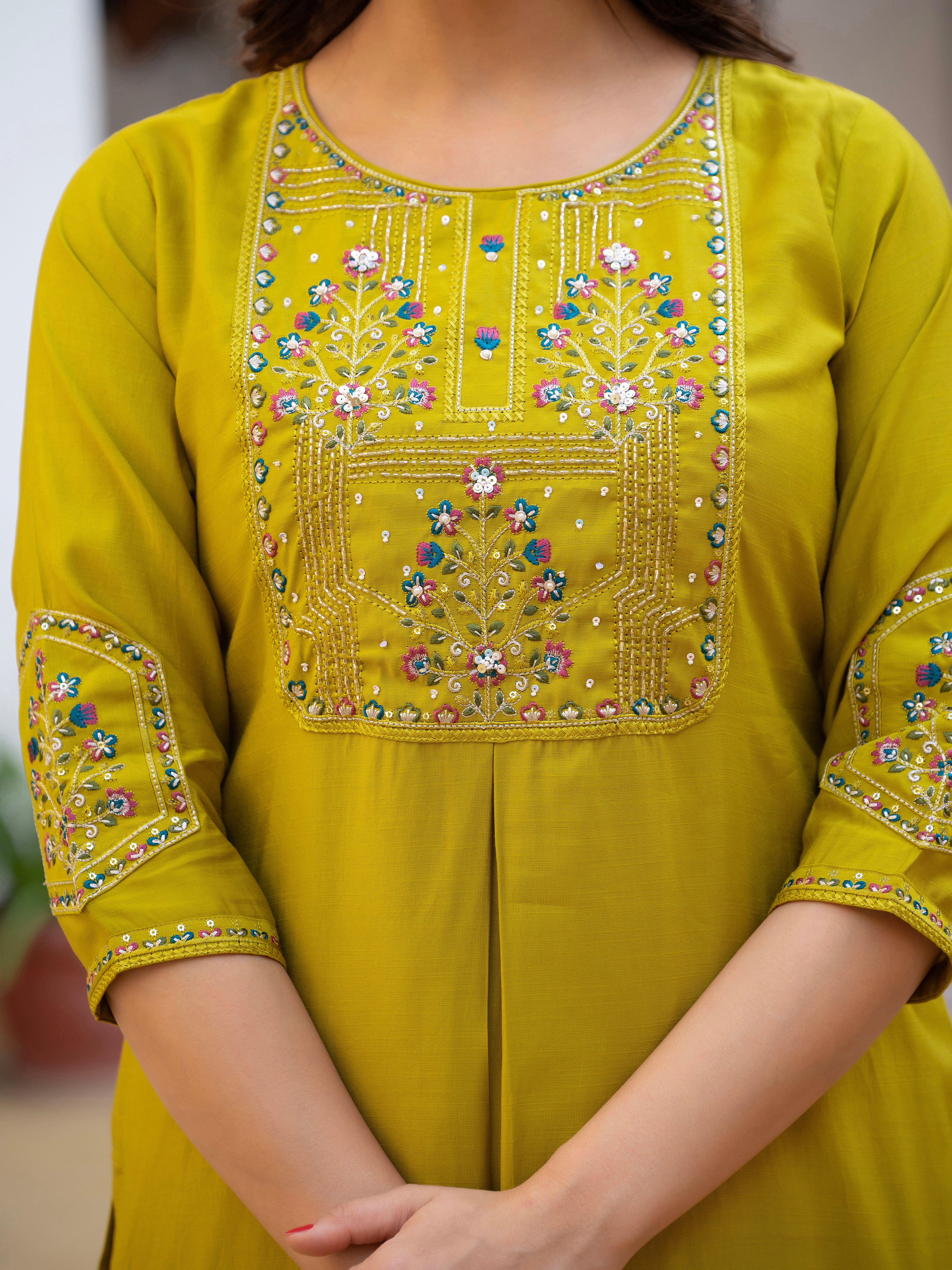 Pure Viscose Mango Silk Embroidered Straight Kurti Set – Yellow