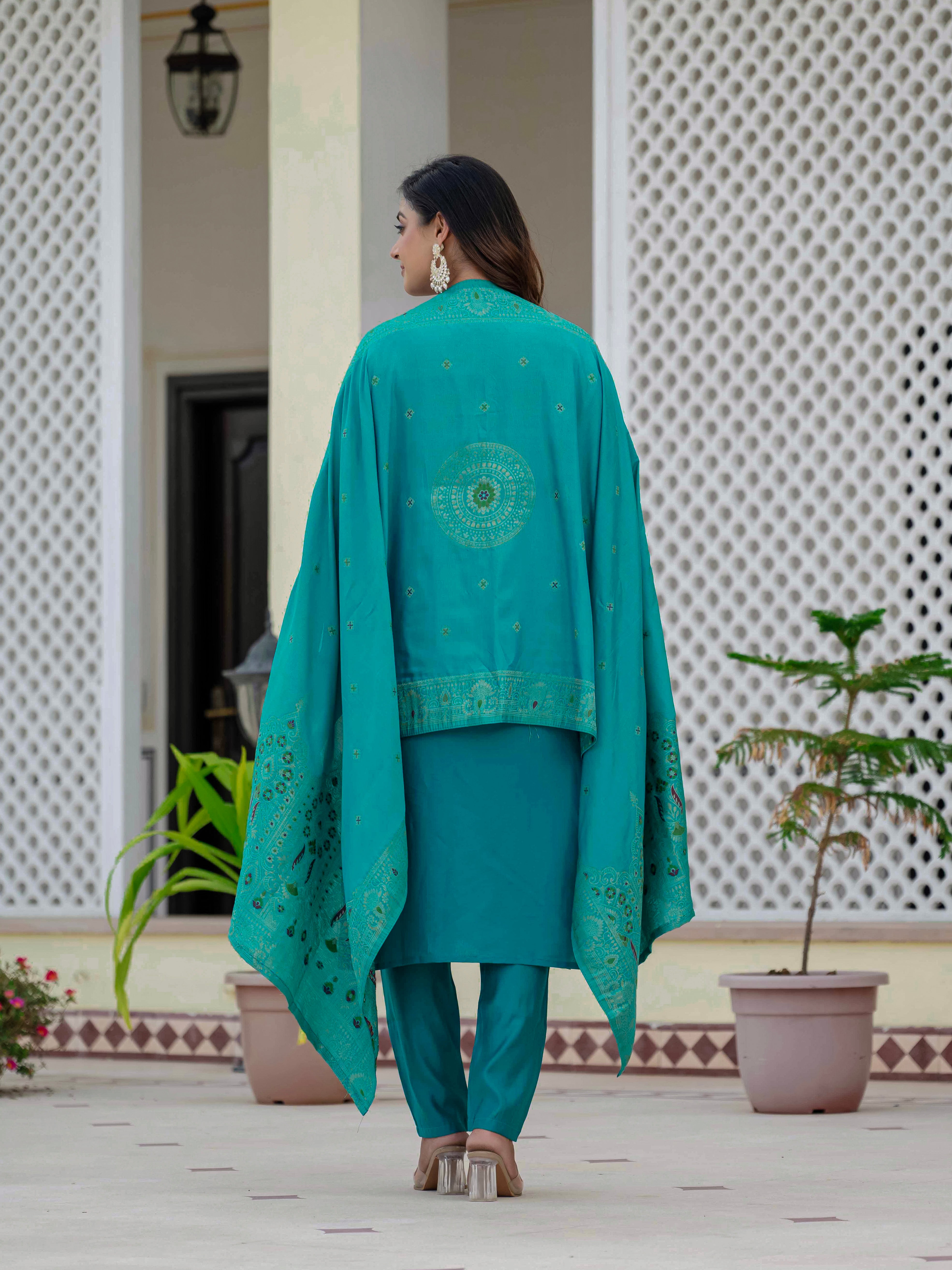 Premium Roman Silk Embroidered Straight Kurti Set – Firozi