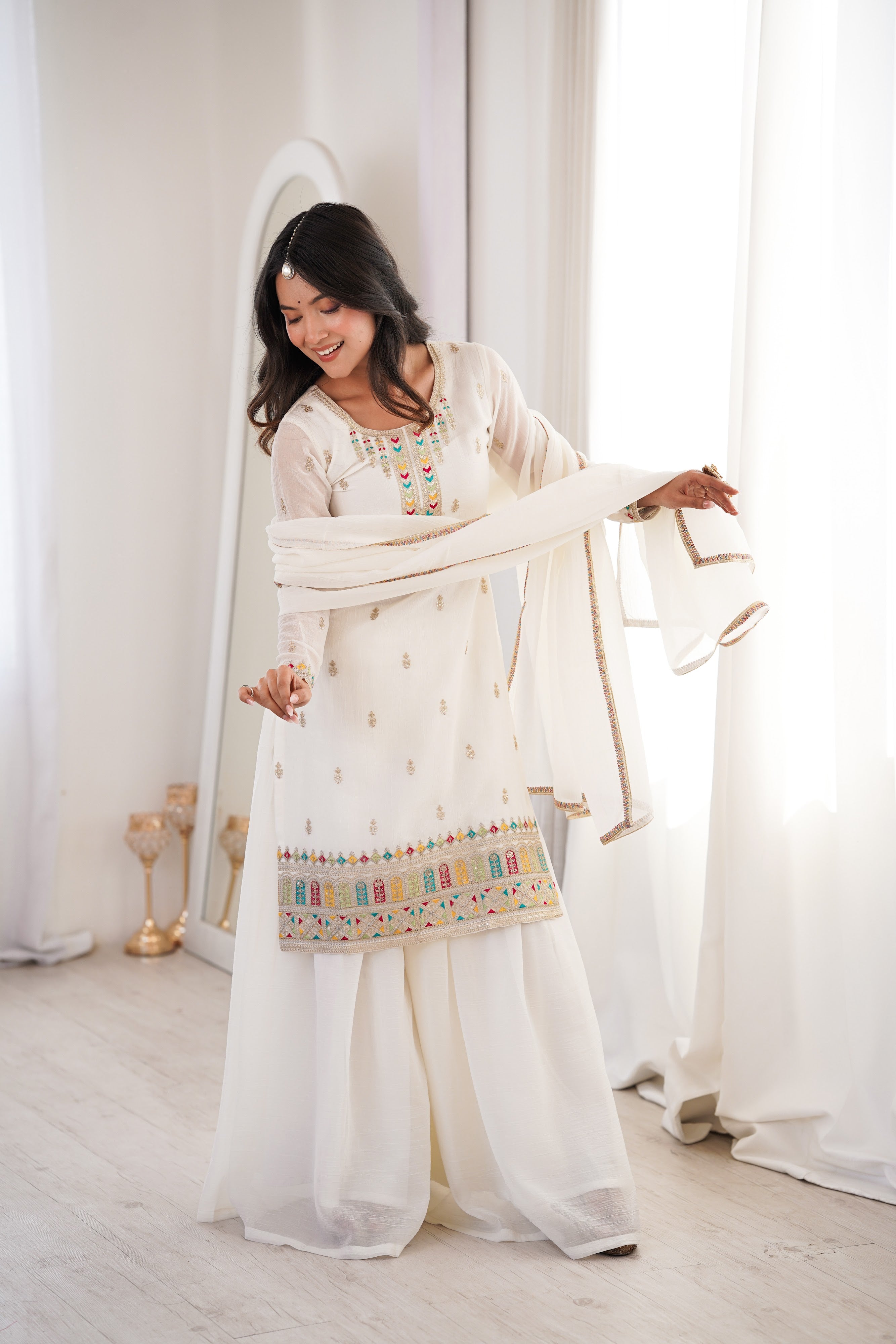 Crunchy Silk Embroidered Kurta-Sharara Set – White