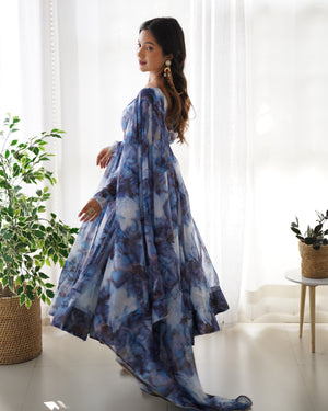 Organza Silk Printed Anarkali Set – Navy Blue