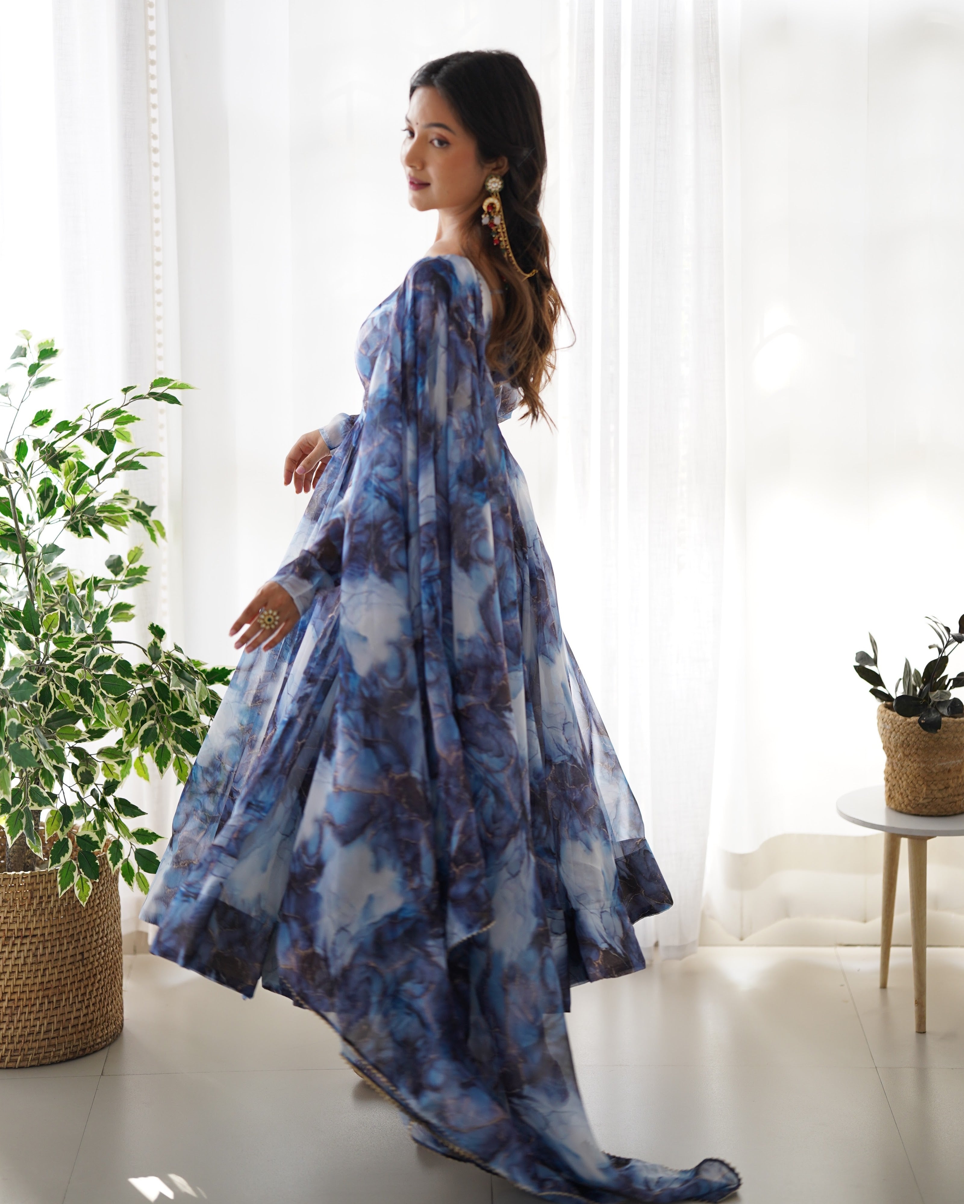 Organza Silk Printed Anarkali Set – Navy Blue