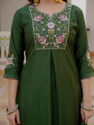 Pure Viscose Mango Silk Embroidered Straight Kurti Set – Green