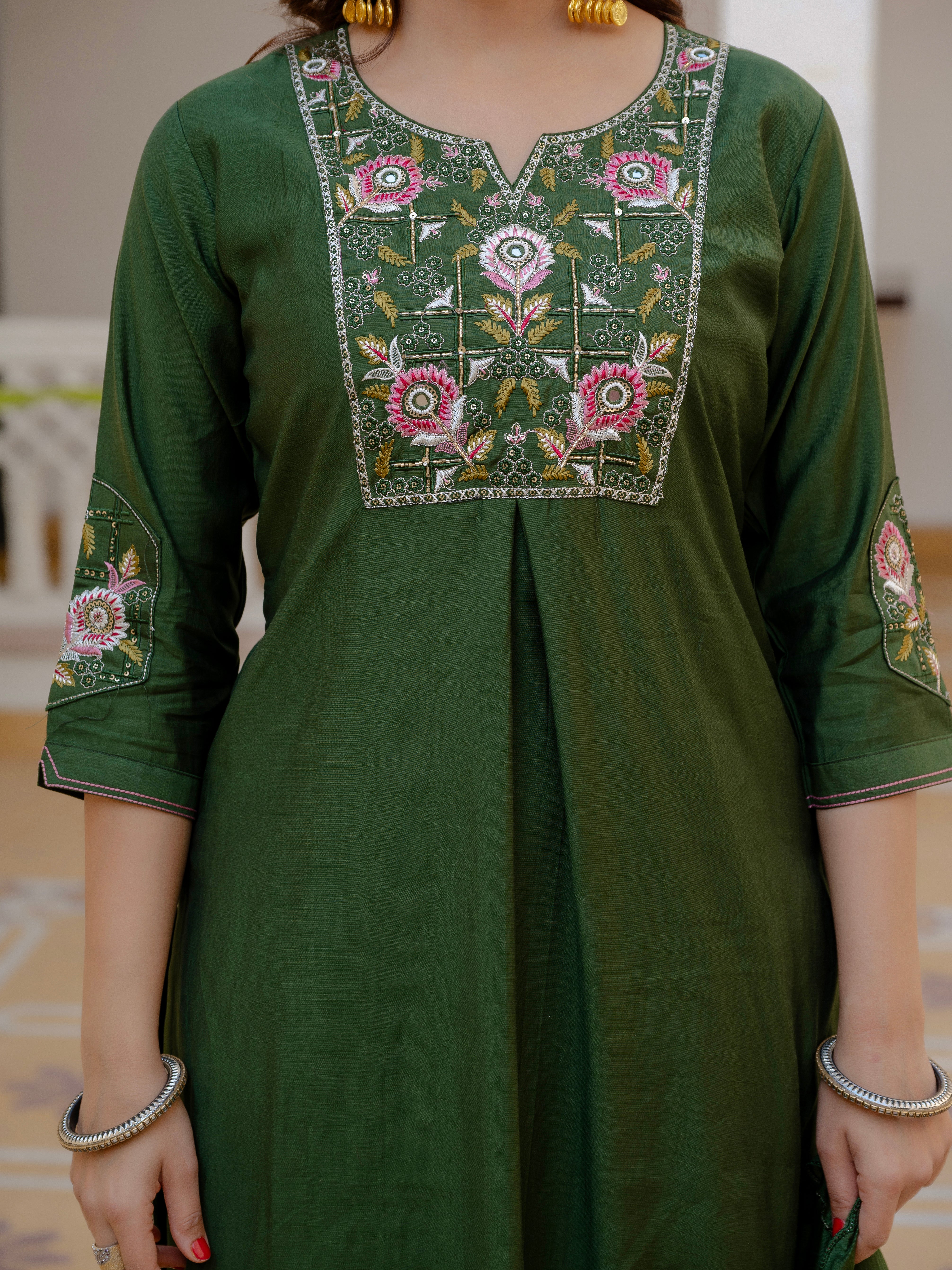 Pure Viscose Mango Silk Embroidered Straight Kurti Set – Green