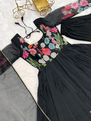 Organza Silk Printed Anarkali Set – Black