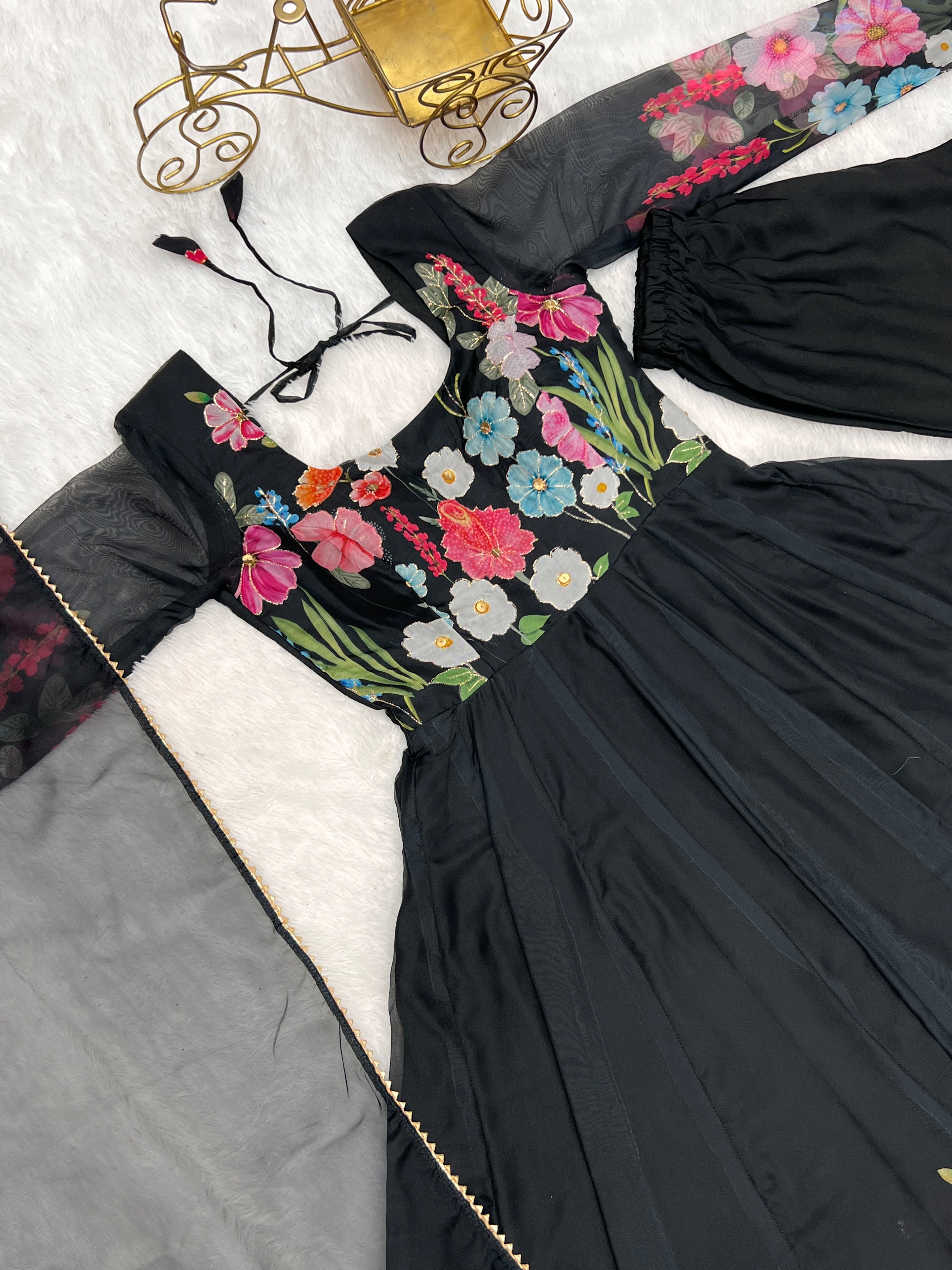 Organza Silk Printed Anarkali Set – Black