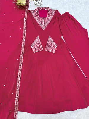 Roman Shimmer Silk Embroidered Anarkali Set – Rani Pink
