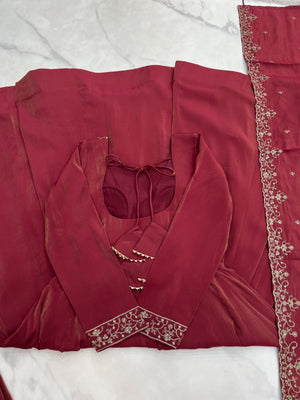 Roman Shimmer Silk Embroidered Anarkali Set – Maroon