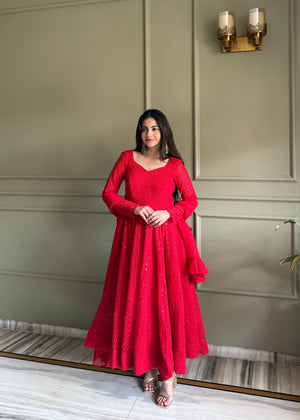 Georgette Embroidered Anarkali Set – Red